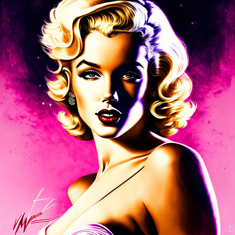 Classic Hollywood star digital artwork with blonde curls and mole on pink-purple backdrop