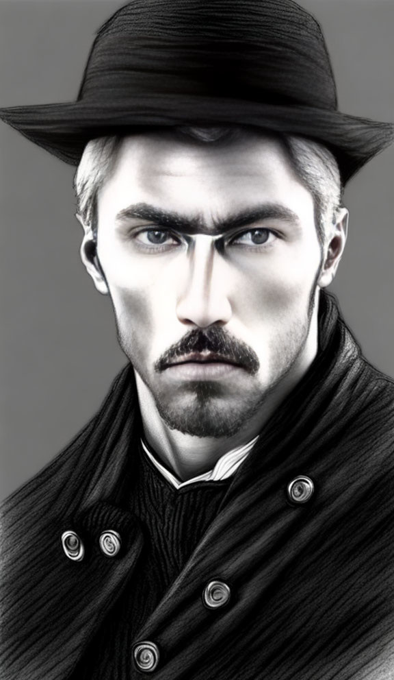 Monochromatic digital art portrait of stern man with mustache and hat