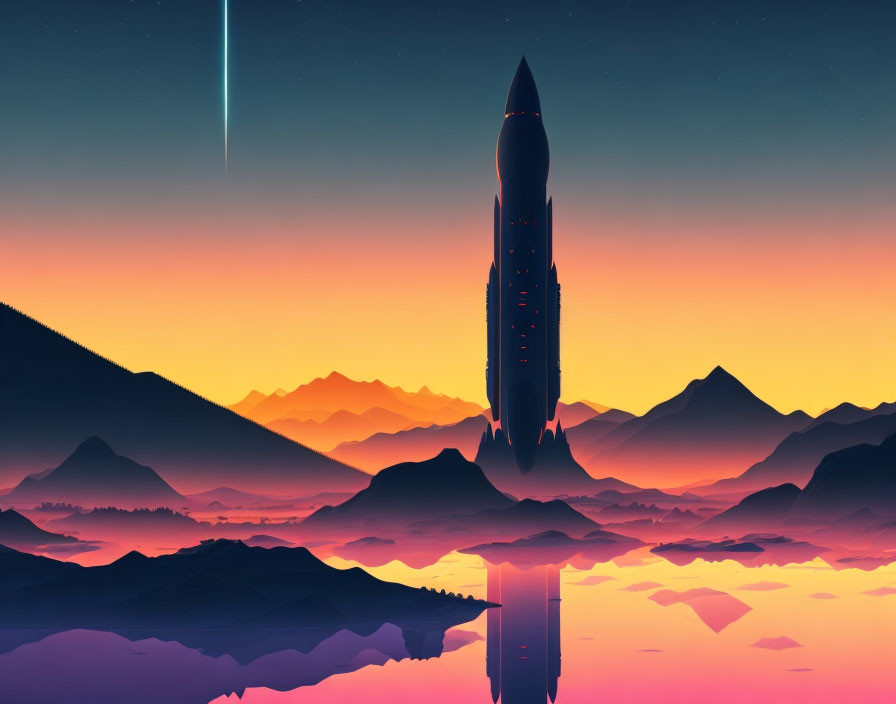 Retro-futuristic rocket illustration at sunset with comet and mountains