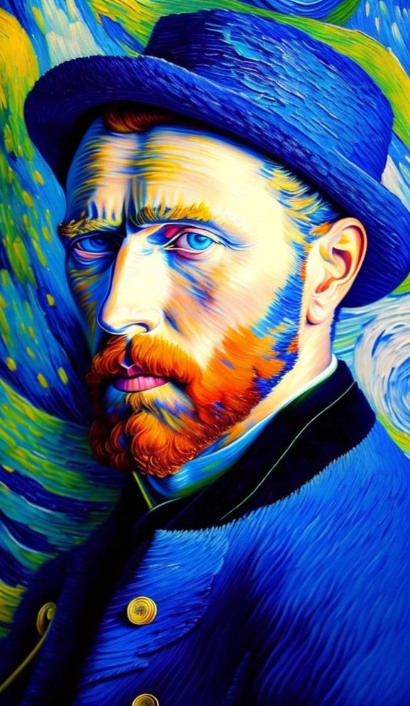 Colorful digital painting of a bearded man in blue hat and coat