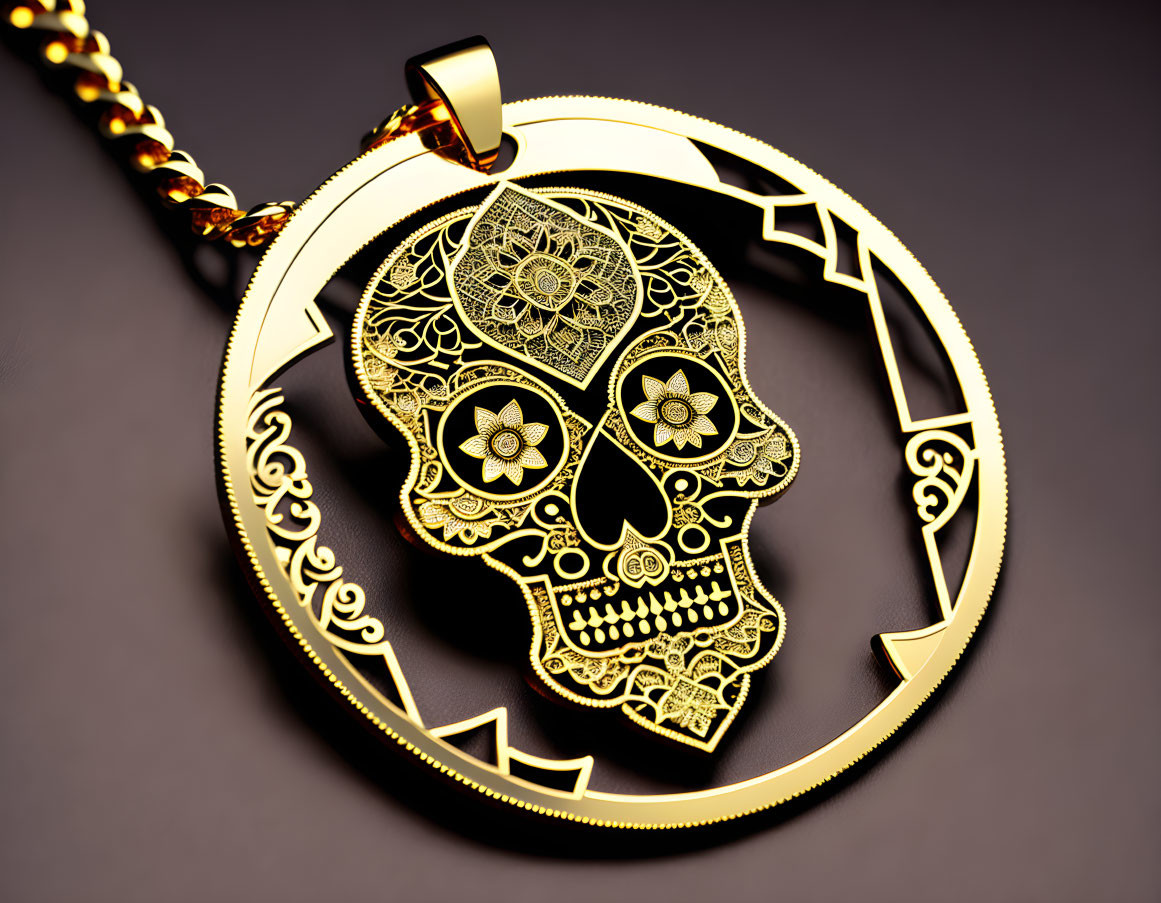 Golden Skull Pendant with Intricate Designs on Reflective Surface