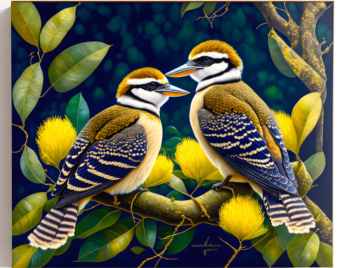 Kookaburras on branch with yellow blossoms and green leaves