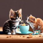 Adorable kittens observing hot chocolate with cookies and cherries