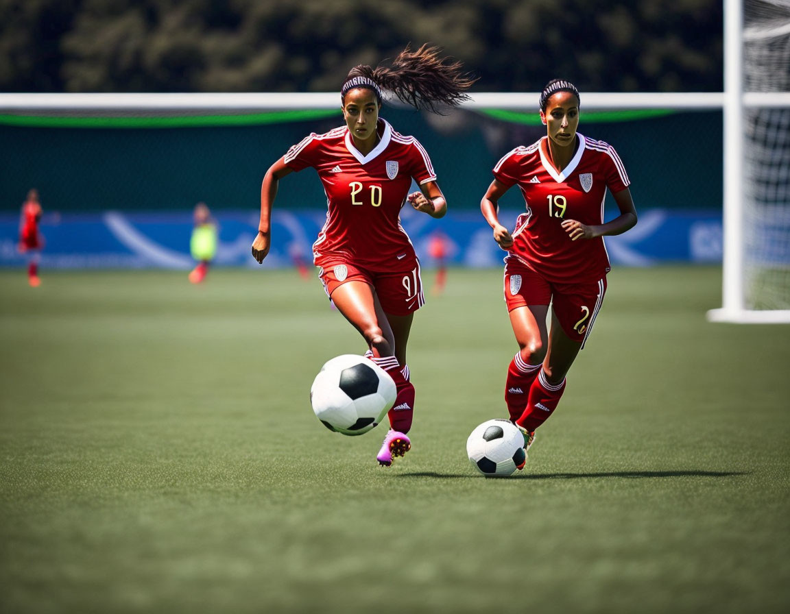 Female soccer players in red jerseys sprinting on field with intense focus.