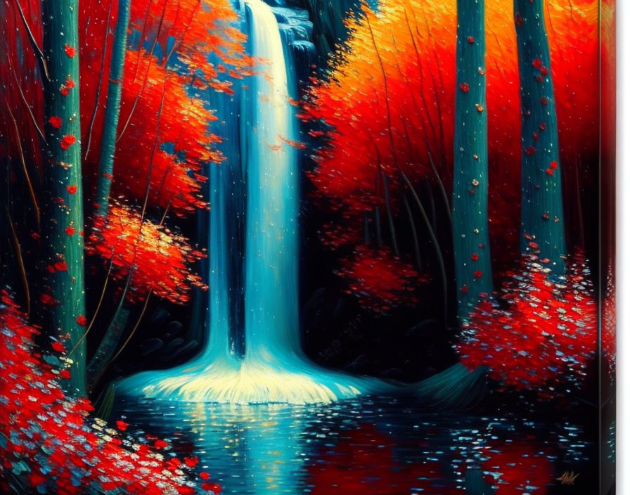 Scenic waterfall painting in autumn forest landscape