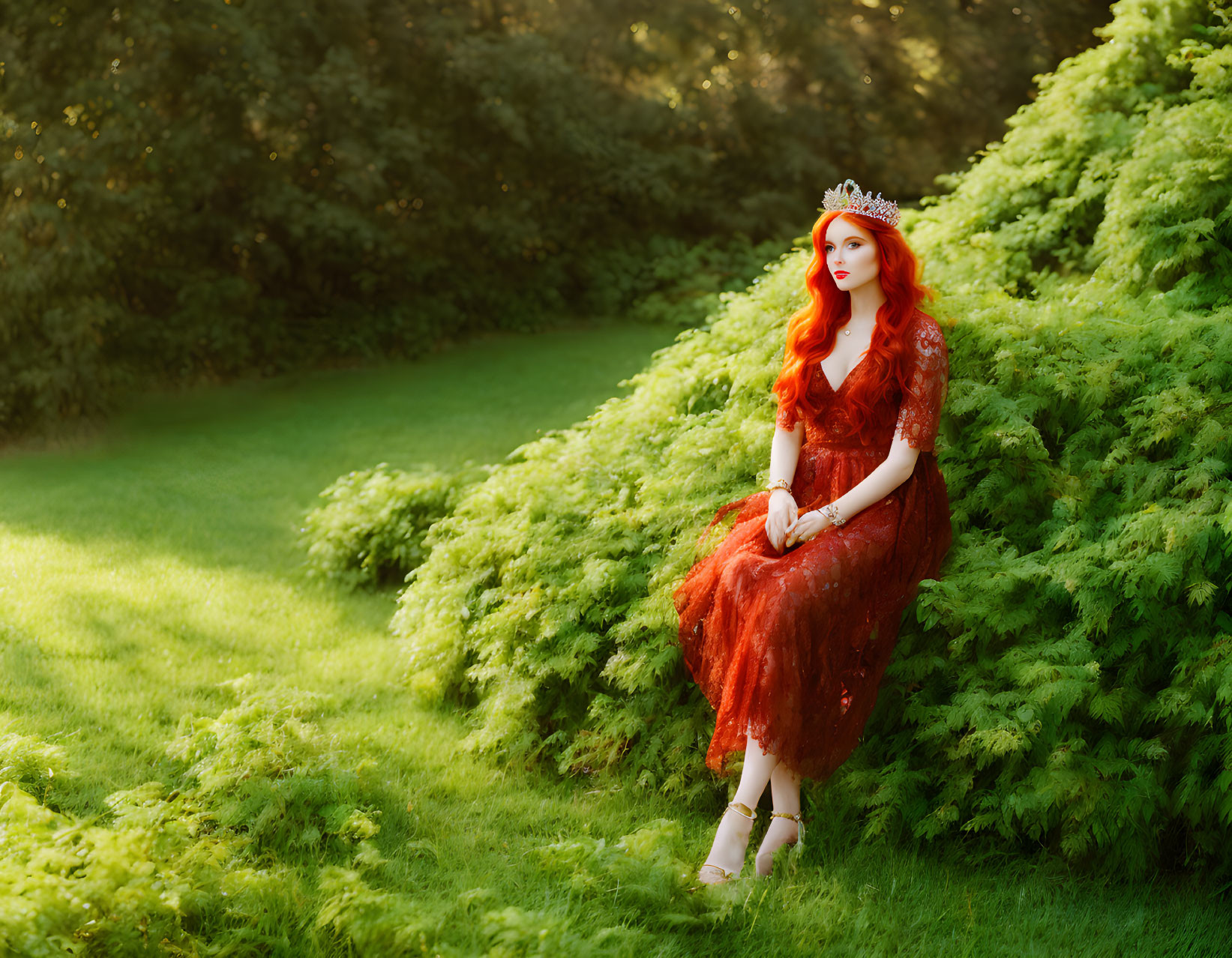 Vibrant red-haired woman in matching dress sits on lush green hedge in sunlit garden.