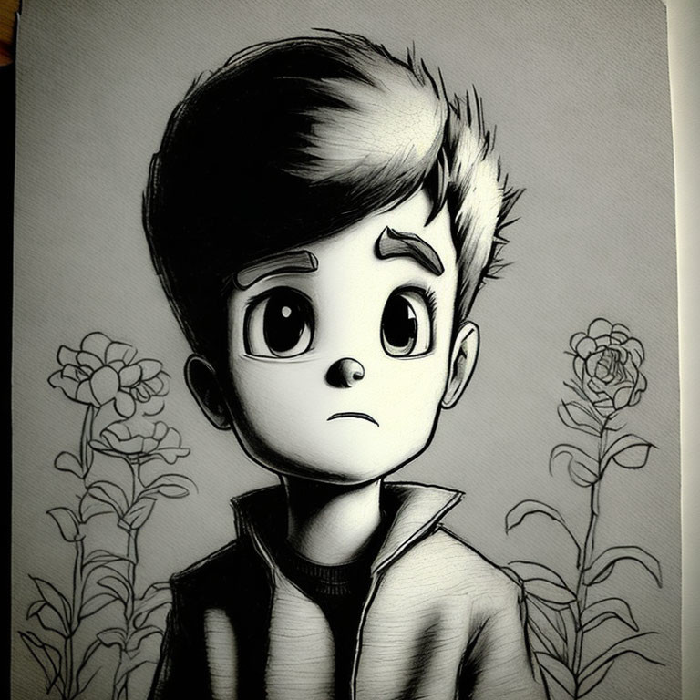 Cartoon boy with expressive eyes in black and white drawing