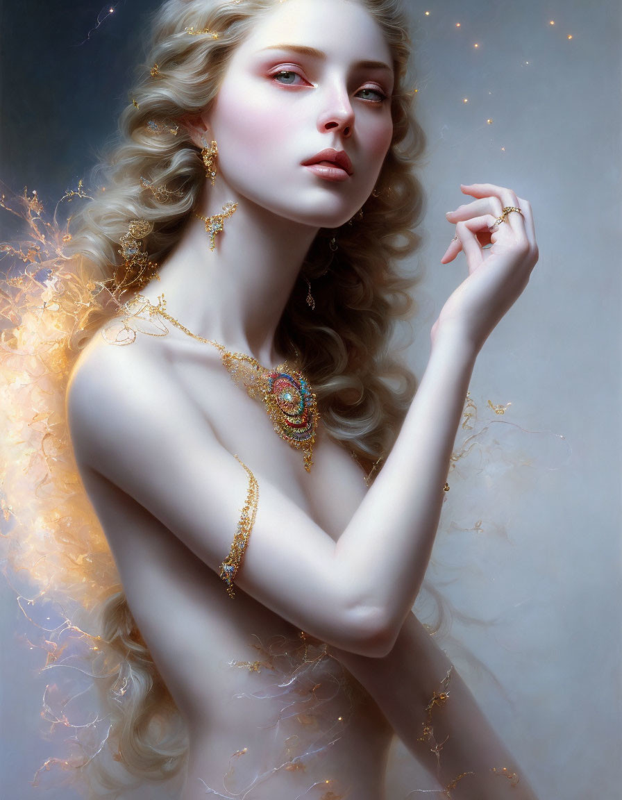 Ethereal portrait of a woman with golden jewelry and blonde hair