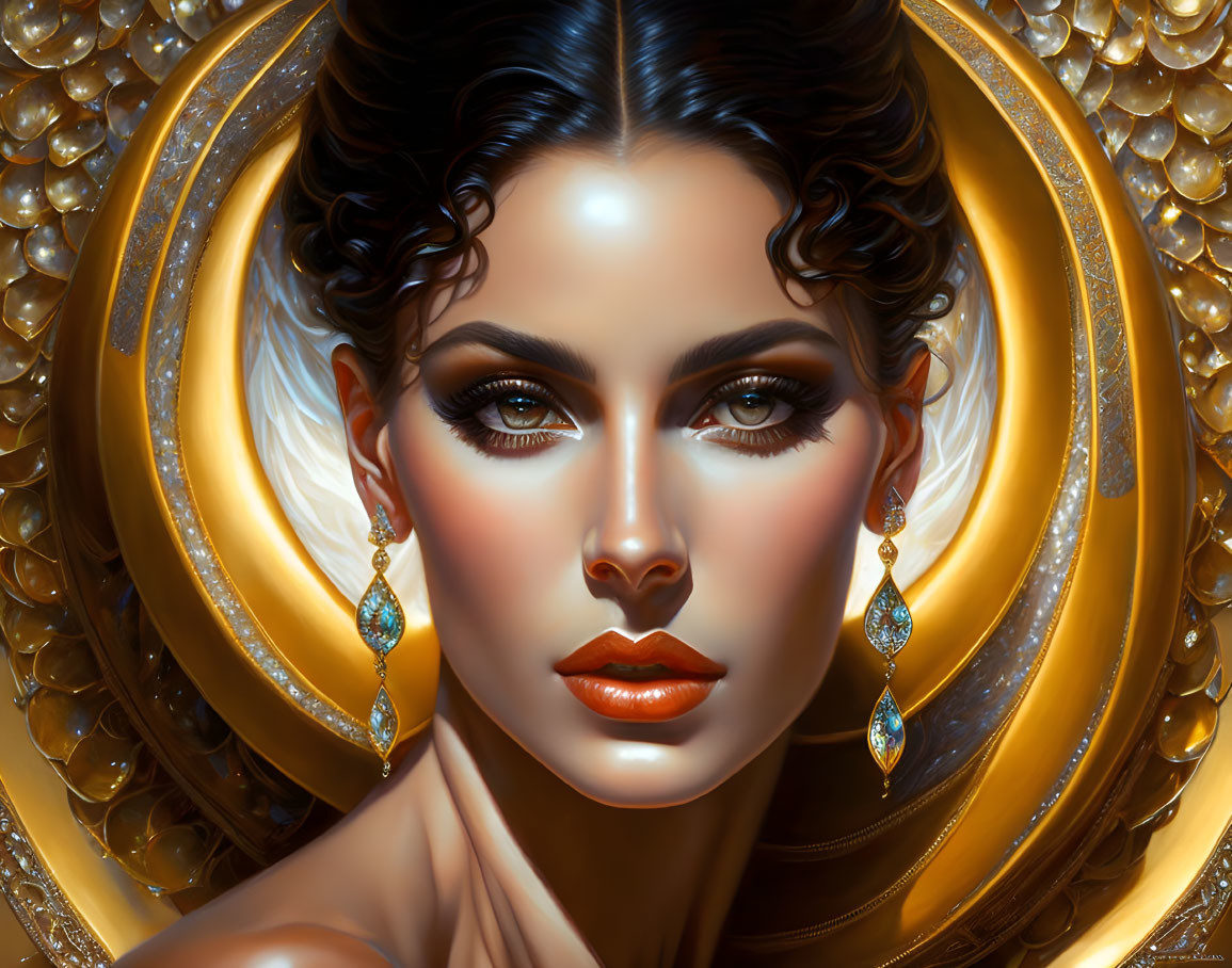 Digital artwork of woman with striking features and gold jewelry on golden backdrop