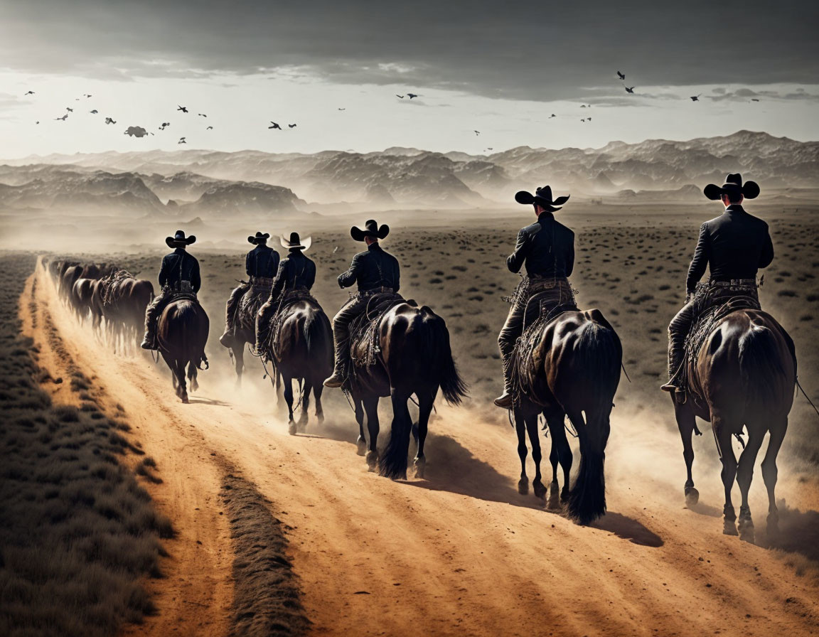 Cowboys on horses riding through desert landscape with birds and mountains.