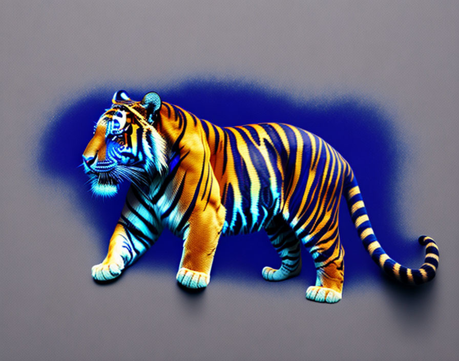 Vibrant blue and orange tiger art on dark blue background