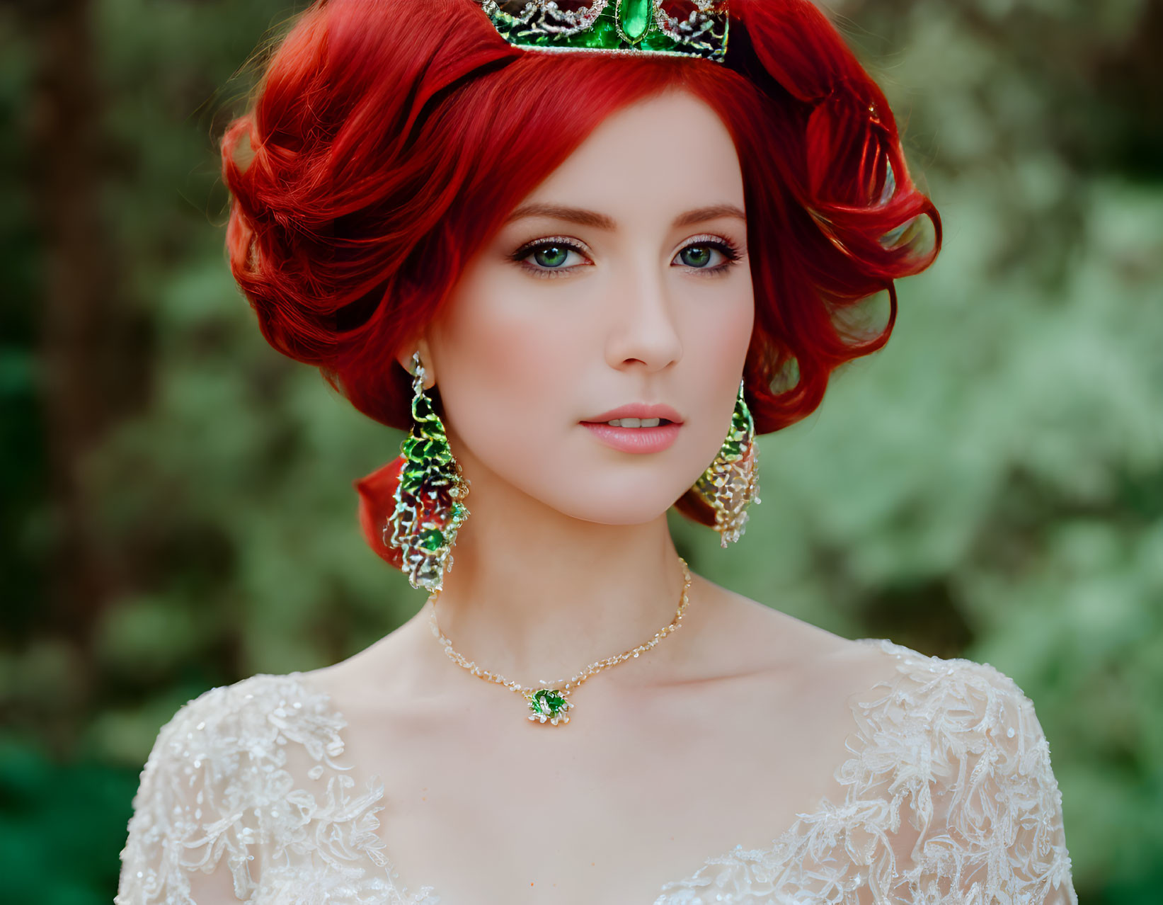 Red-haired woman in jewel crown and lace gown against green backdrop