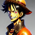 Animated character with black hair, brown hat, red eyes, scar, blue coat.