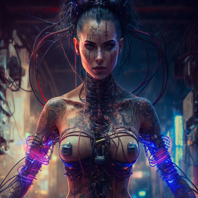 Futuristic female android with tattoos and cybernetic implants in neon-lit setting