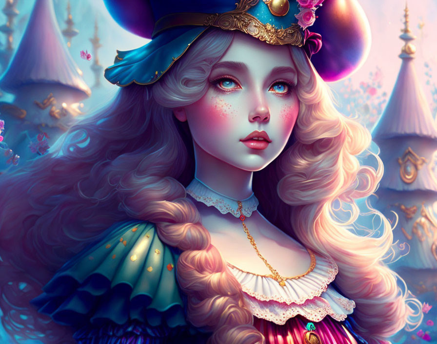 Fantasy portrait of young woman with blue eyes, blonde hair, ornate hat, period dress,