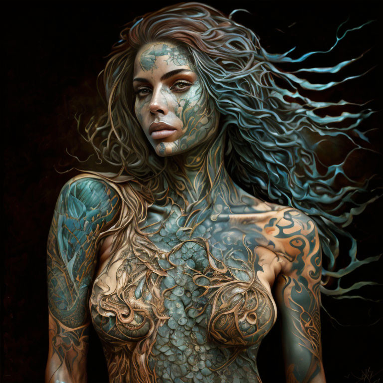 Elaborate Blue and Bronze Body Tattoos on Woman with Flowing Hair