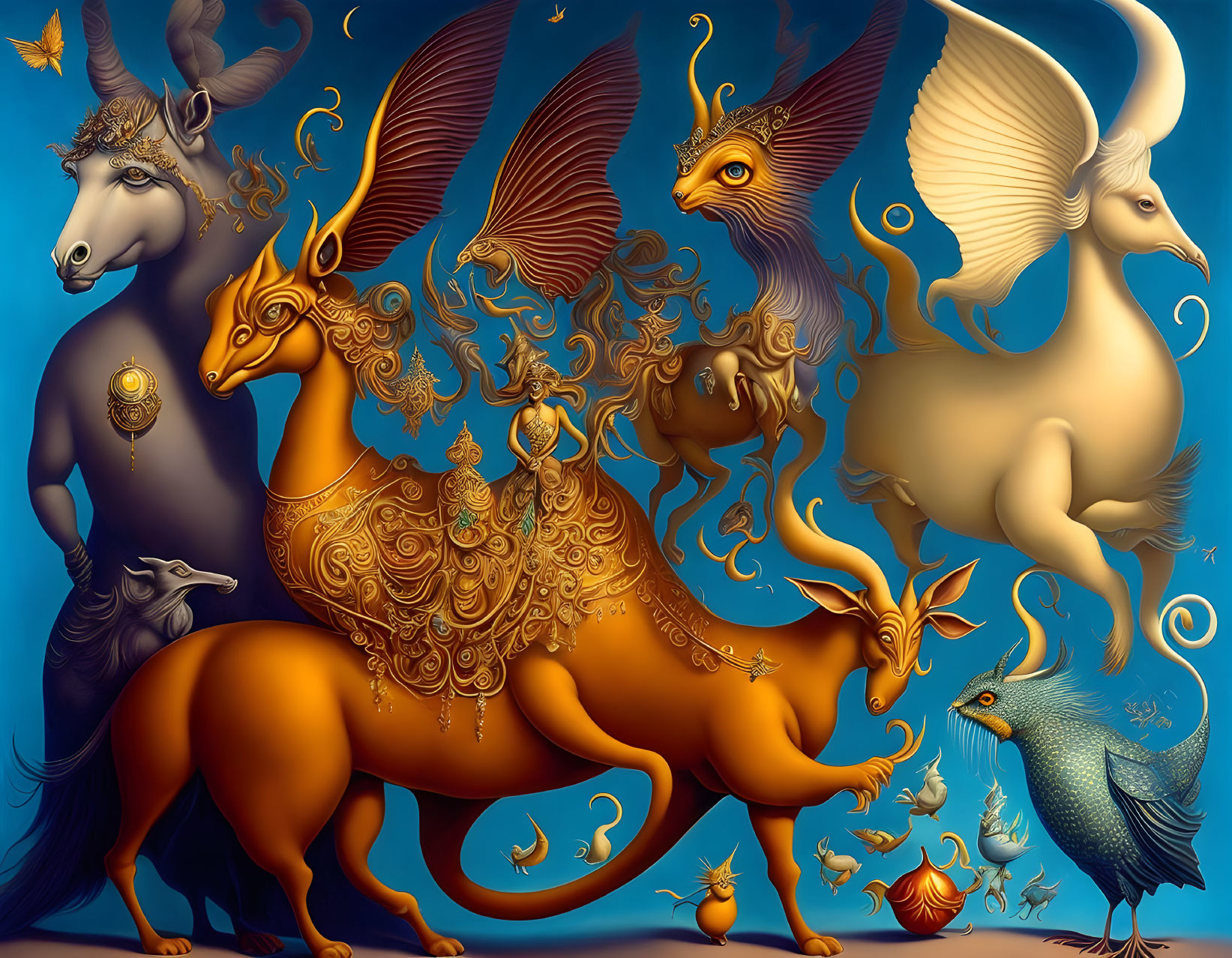 Colorful mythical creature surrounded by fantastical animals on blue background