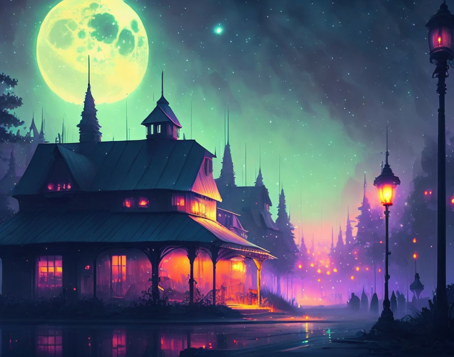 Full Moon Night: Glowing Moon, Starry Sky, Victorian House, Streetlamps