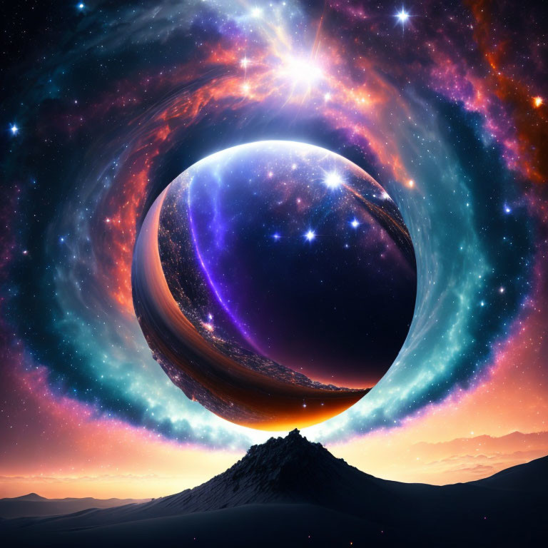 Surreal space scene with wormhole over mountainous landscape at dusk