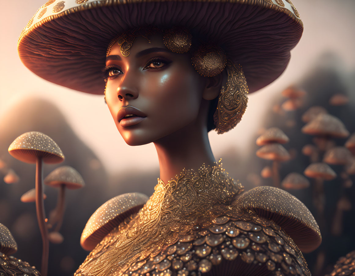 Digital art portrait of woman in mushroom hat and dress with gold details against mushroom backdrop