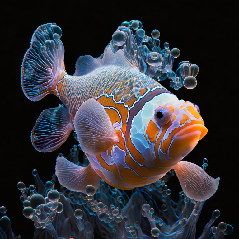 Colorful Fish Swimming Among Bubbles on Dark Background