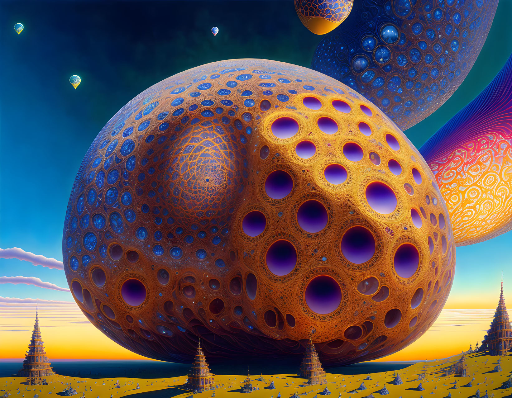 Detailed Surreal Landscape with Golden Sphere and Floating Orbs