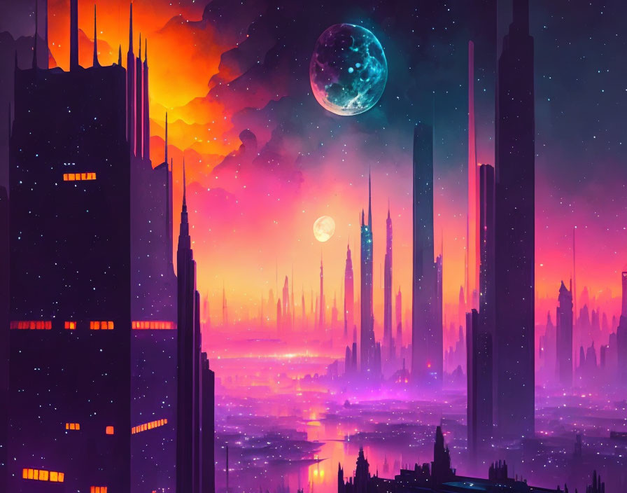 Futuristic city skyline at dusk with glowing sunset and two moons