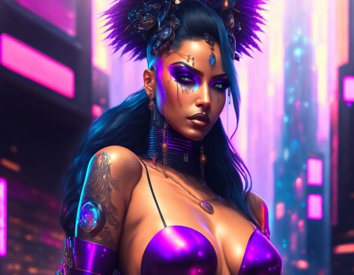 Cyberpunk-themed digital art: Woman with vibrant purple colors, tattoos, futuristic accessories, neon city