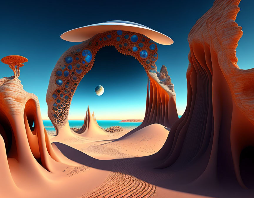 Alien-like rock formations in surreal desert landscape