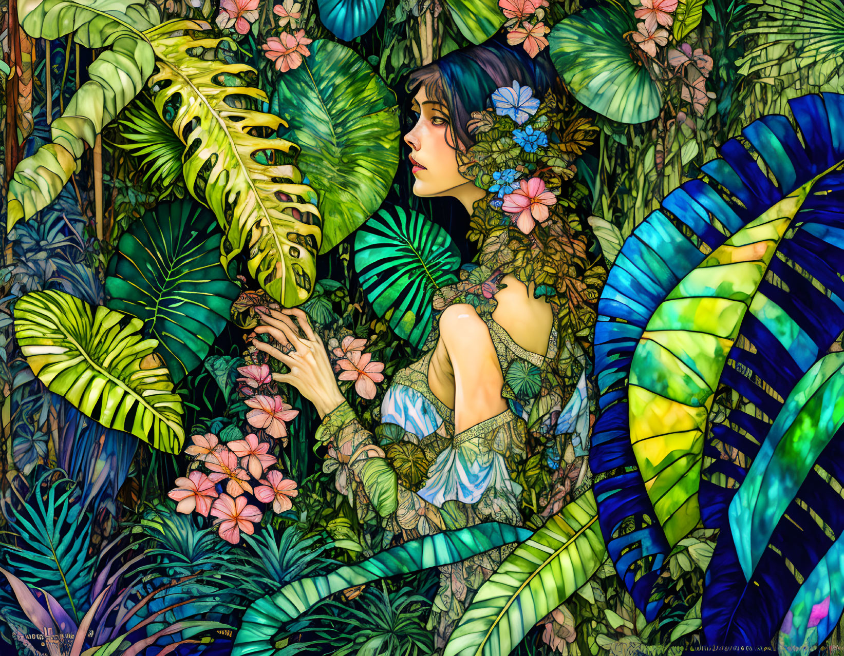 Illustration of Woman in Tropical Garden with Butterfly Wing Pattern