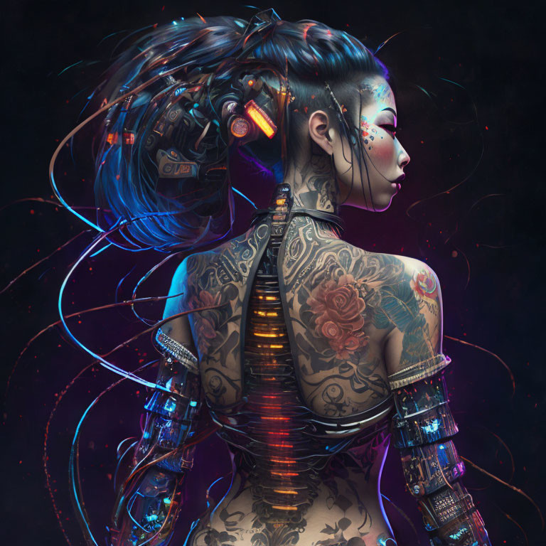 Cyberpunk woman with tattooed body and mechanical spine in neon accents