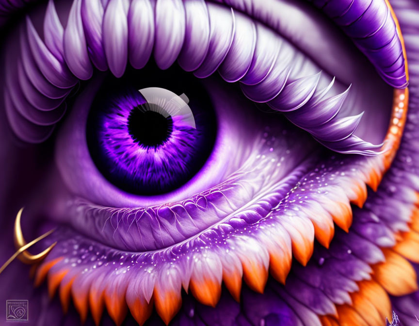 Detailed purple eye with feather-like textures on reptilian orange skin