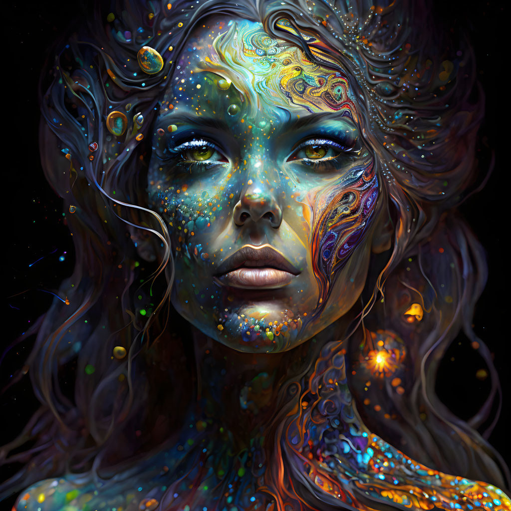 Vibrant cosmic portrait of a woman with celestial patterns