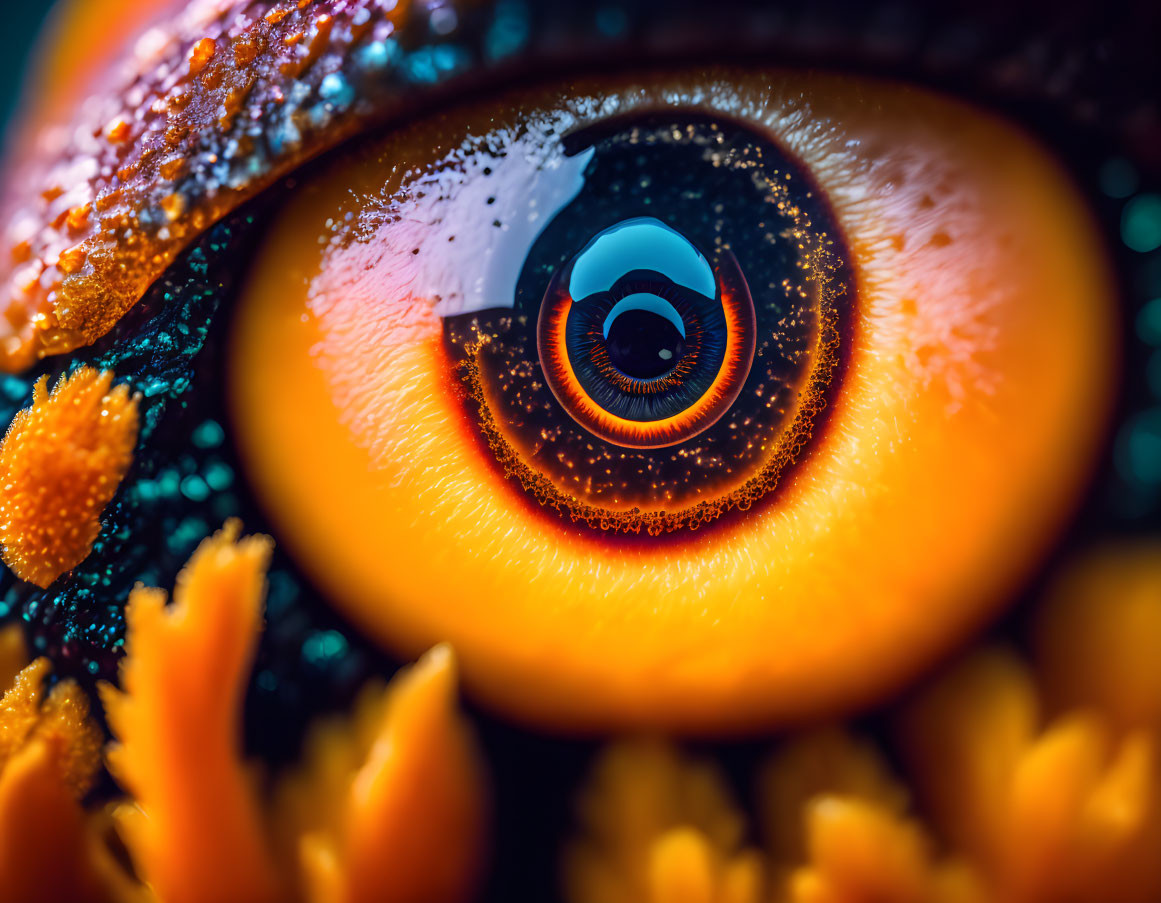 Detailed close-up of vibrant orange reptile eye with dilated pupil and scaly skin.