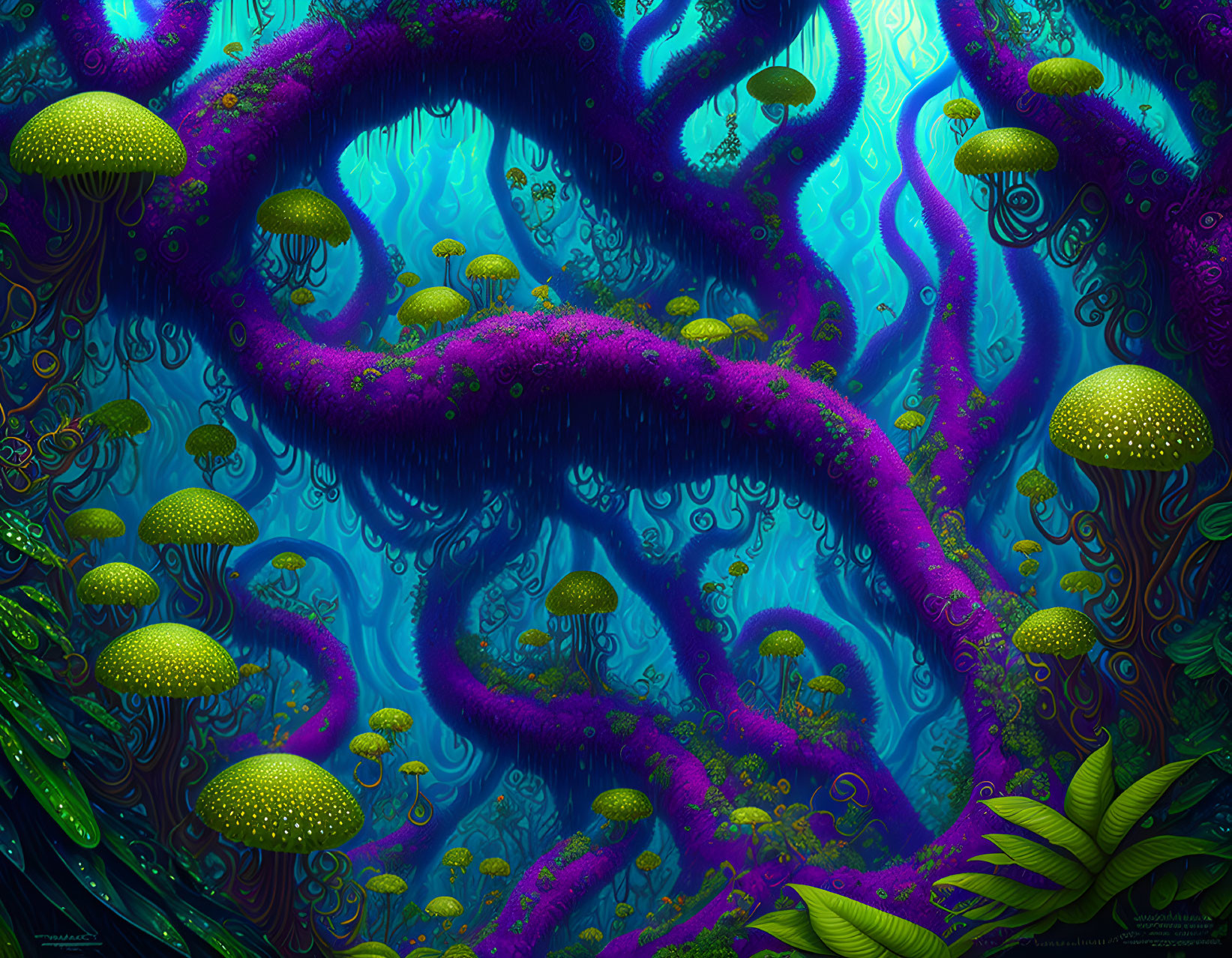 Bioluminescent mushrooms in vibrant underwater scene