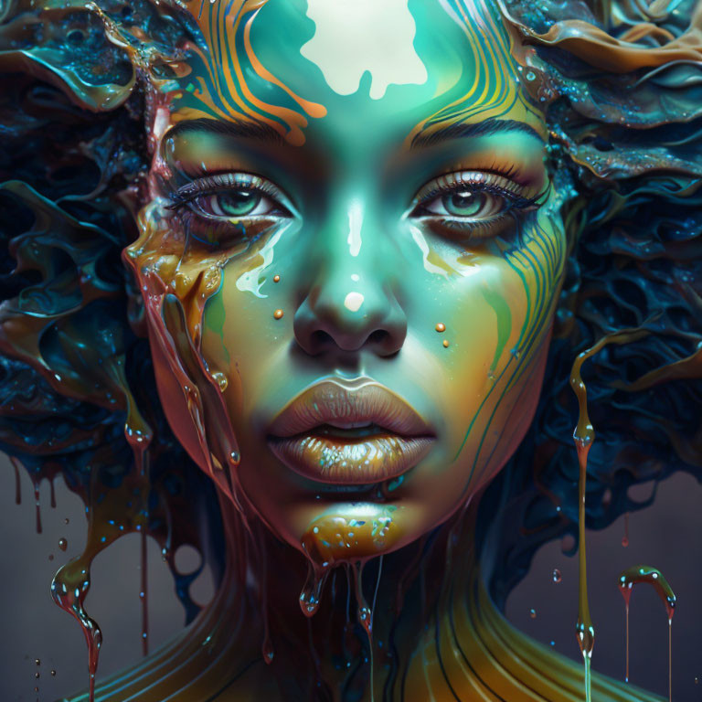 Vibrant turquoise and gold paint flowing over woman's face in surreal portrait