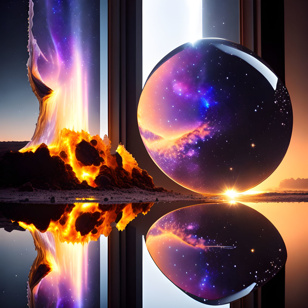 Surreal burning landscape and cosmic sky mirrored in sphere by tranquil lakeside