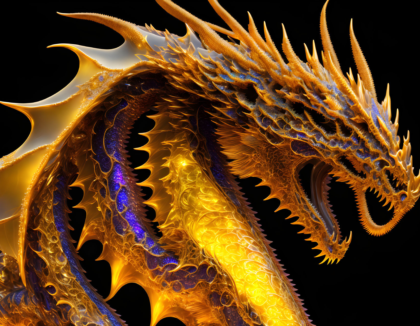 Detailed 3D rendering: Golden dragon with sharp spines and blue glowing patterns