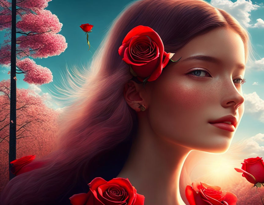 Woman portrait with rose in hair, pink trees, and floating roses scenery