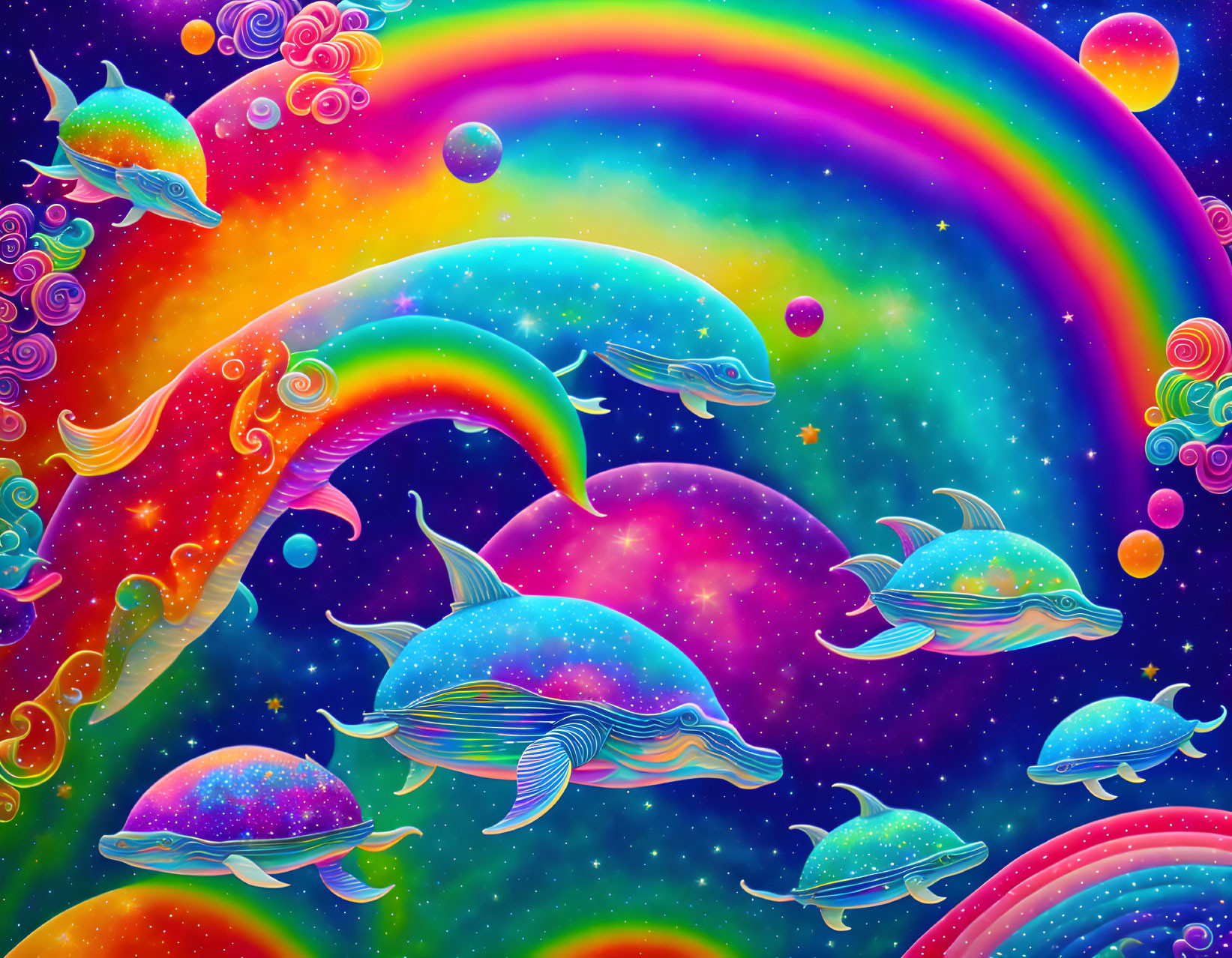 Colorful Psychedelic Digital Artwork: Whales in Cosmic Space