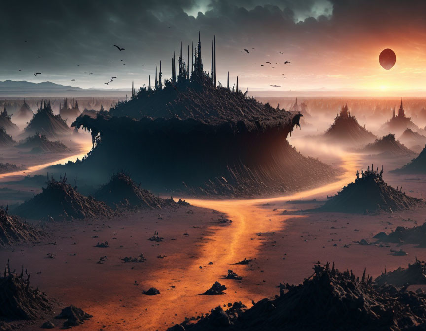 Desert landscape with futuristic city, lava river, birds, and moon