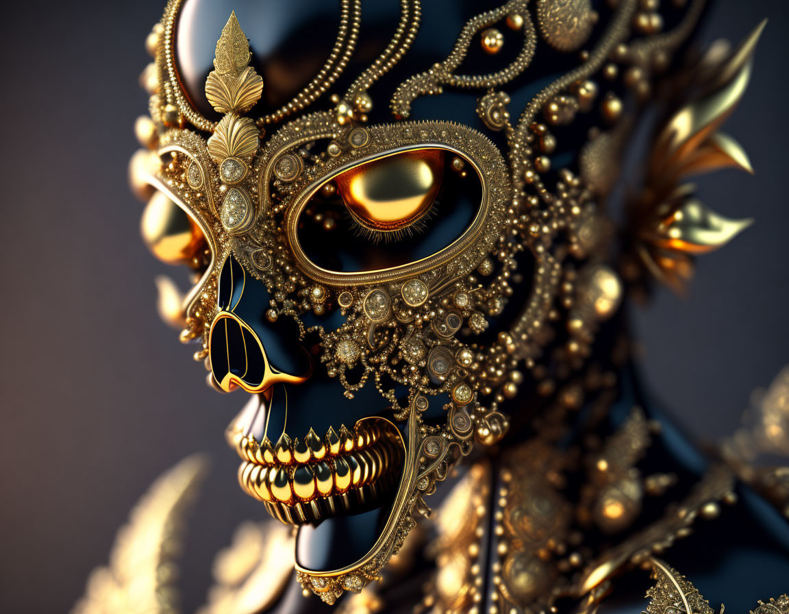 Golden Mask with Eye Opening and Leaf Motives on Ornate Textures