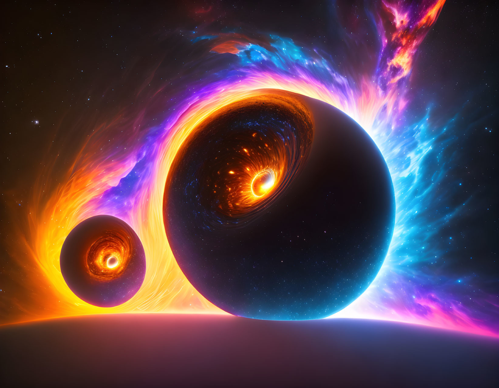 Celestial spheres with swirling patterns on vibrant cosmic backdrop