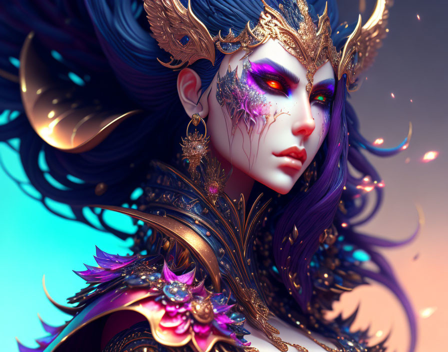 Fantastical portrait of female figure with purple hair, golden headpiece, ornate armor, and