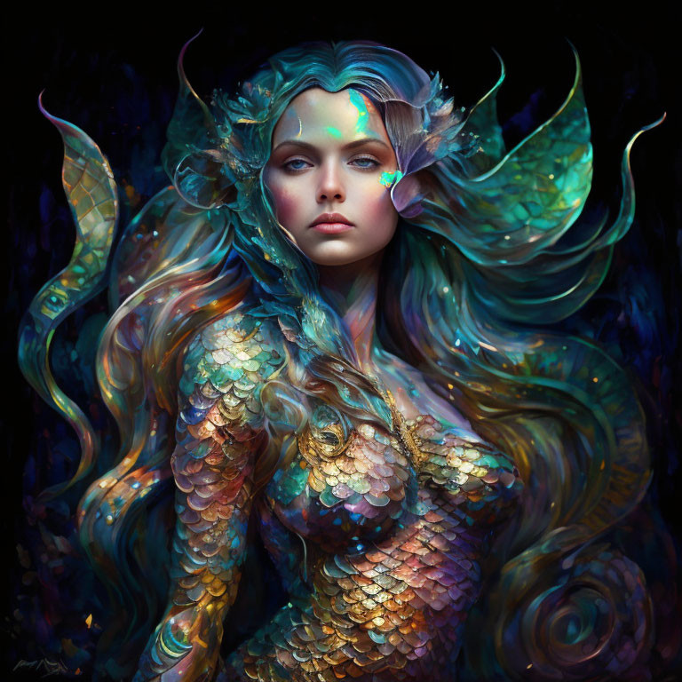 Fantastical portrait of a woman with iridescent mermaid scales and sea-themed headpiece