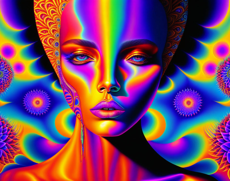 Colorful digital artwork of woman with psychedelic patterns and abstract shapes.