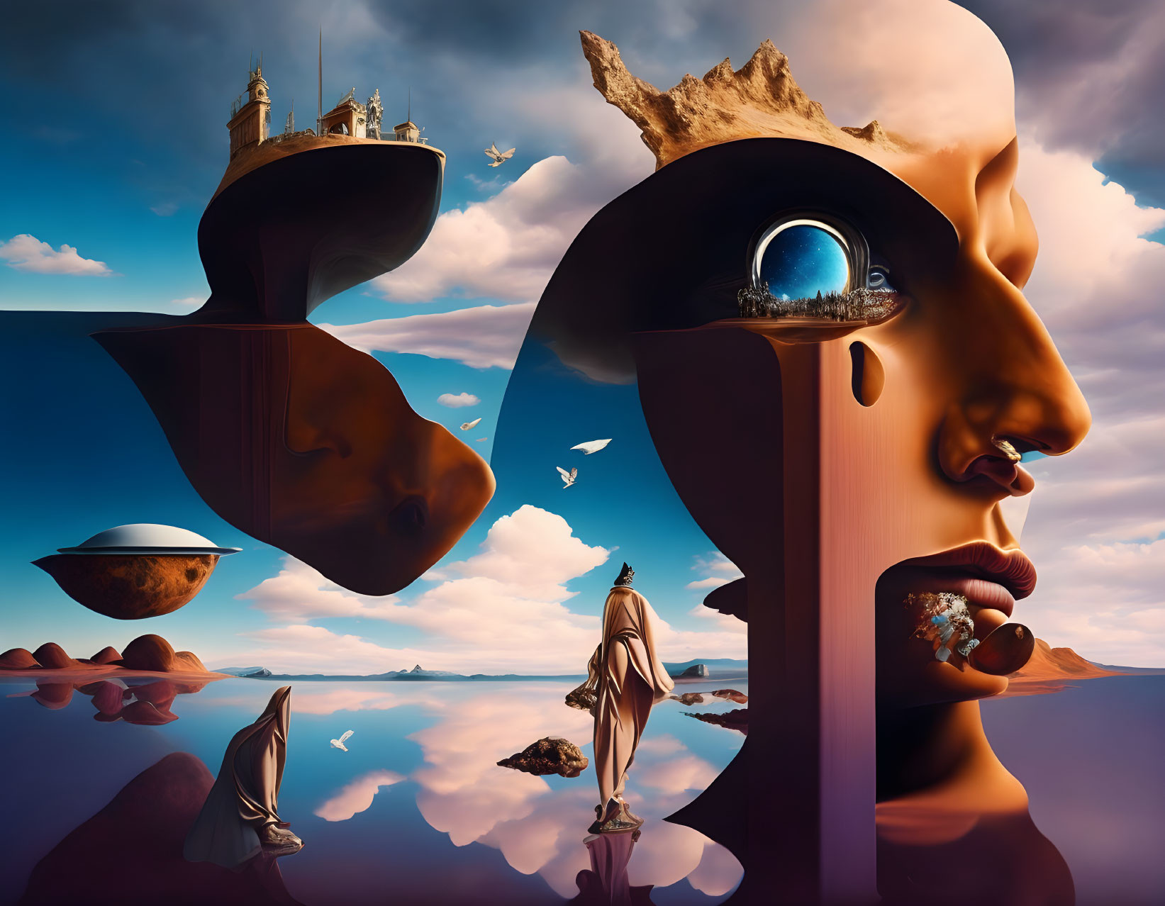 Surreal landscape with floating islands and giant fractured head