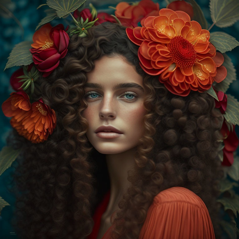 Portrait of Woman with Curly Hair and Orange Flowers in Blue Foliage Setting