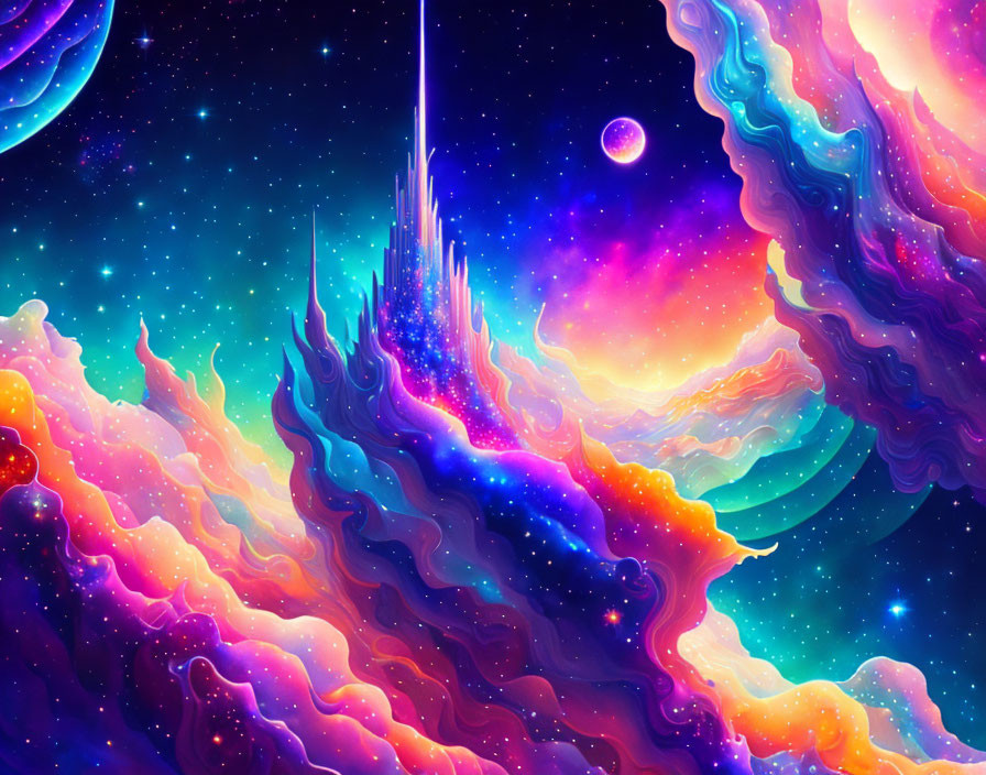 Surreal cosmic landscape with crystal spire and celestial bodies