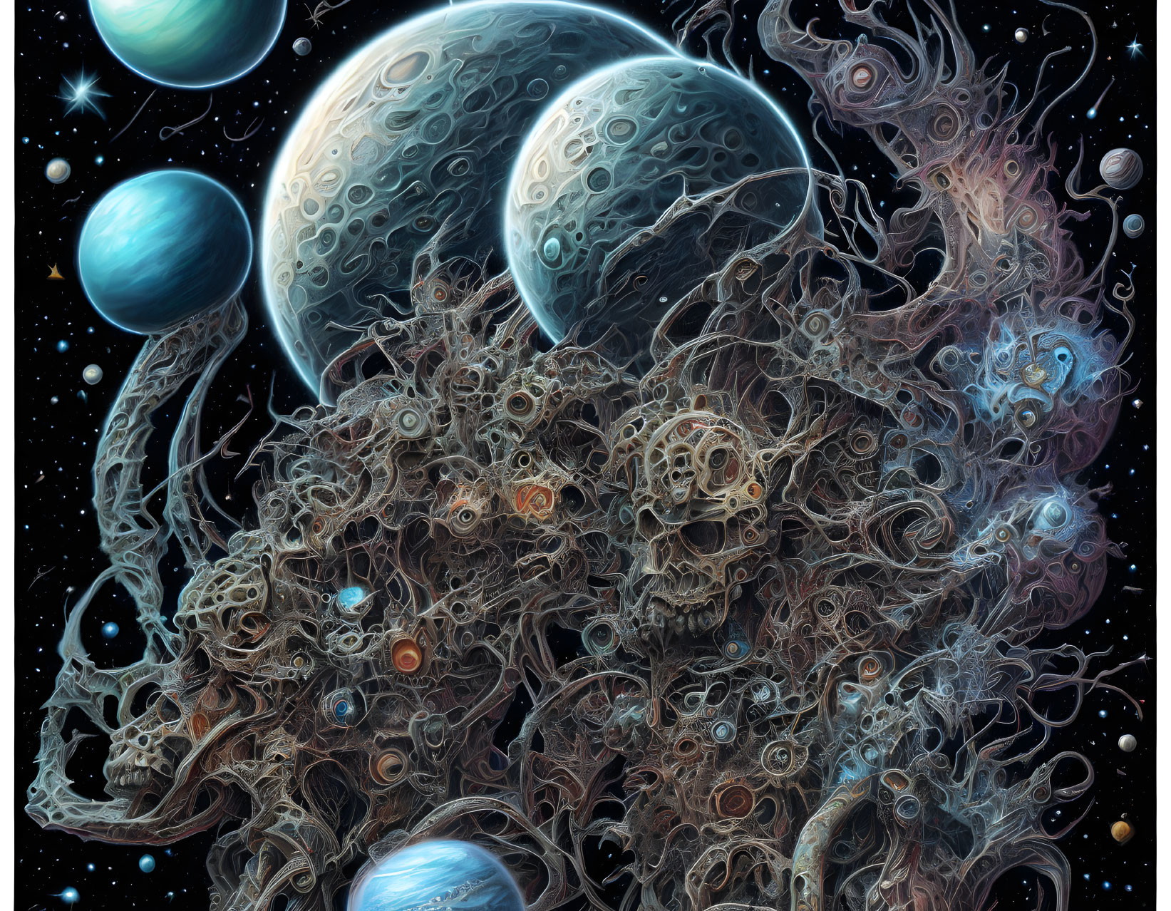 Detailed Alien Skull Structures in Surreal Cosmic Scene